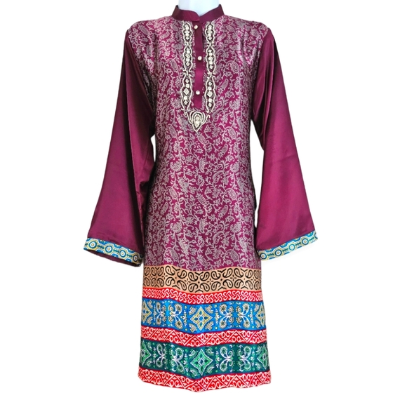 Dresses & Skirts - NWOT purple pink green blue red mix print jewel kurta tunic dress Womens Large